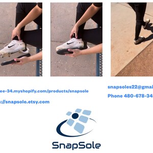 May include: White and beige athletic shoes with black accents are shown being worn and with a removable sole. The SnapSole logo is at the bottom of the image. The shoes are being worn on a sidewalk.