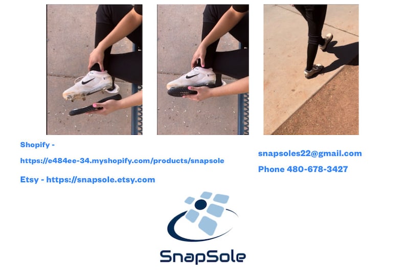 May include: White and beige athletic shoes with black accents are shown being worn and with a removable sole. The SnapSole logo is at the bottom of the image. The shoes are being worn on a sidewalk.