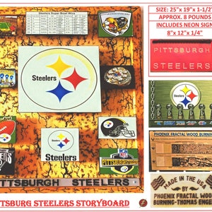 May include: A Pittsburgh Steelers storyboard made of wood with a distressed finish. The board features a variety of Steelers logos, including the team's logo, Super Bowl trophies, and a neon sign. The board is 25 inches by 19 inches and weighs approximately 8 pounds.