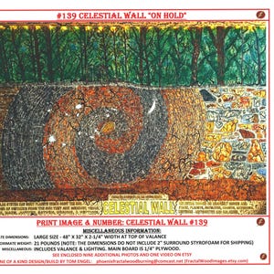 May include: A large, colorful, abstract wall art piece with a circular design. The artwork is made of wood and has a textured surface. The title of the artwork is "Celestial Wall" and the number "139" is printed on the bottom right corner.