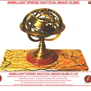 May include: A brass armillary sphere nautical globe on a wooden base. The globe is 4.5 inches in diameter and the base is 5 inches by 11.5 inches. The globe is made of brass and has a wooden fractal base. The globe is on a wooden base with a cracked surface.