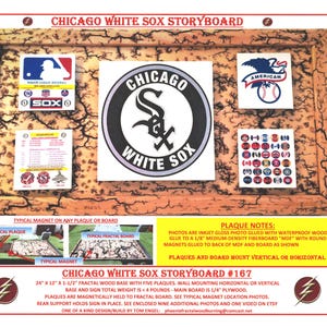 May include: A Chicago White Sox Storyboard #167, featuring the team's logo and other graphics. The wooden base measures 24" x 12" x 1.5" and includes five plaques. The total weight is under 4 pounds. The plaques are magnetically held to the fractal board.