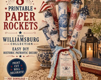 Foguetes de papel históricos para imprimir, Coleção Williamsburg, Decoração patriótica vintage (Download digital)