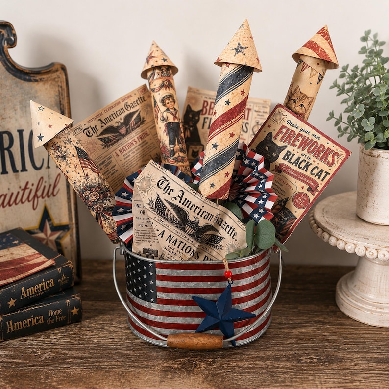 DIY Fourth of July rocket display printable with vintage inspired patriotic paper rockets and Americana decor