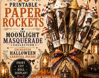Printable Halloween Paper Rockets, Vintage Carnival Decor, Moonlight Masquerade (PDF Download)