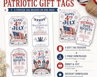 Vintage Patriotic Gift Tags, Americana Rockets (Instant Download)