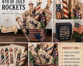 Kit de artesanato de foguete estilo vintage americano | Decoração patriótica para o 4 de julho (Download digital)