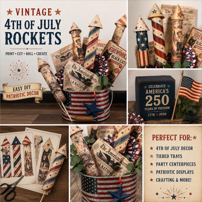Printable patriotic paper rocket centerpiece kit displayed in vintage Americana bucket with fireworks ephemera and newspaper printables