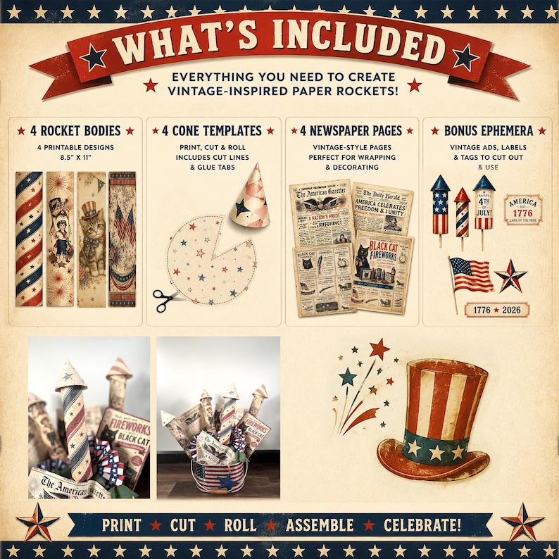 Instant download patriotic rocket craft printable for America 250 celebration centerpiece decoration