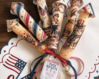 Handmade Patriotic Paper Rocket Bouquet • Vintage Americana Decor • July 4th Centerpiece • Cottagecore Summer Decor