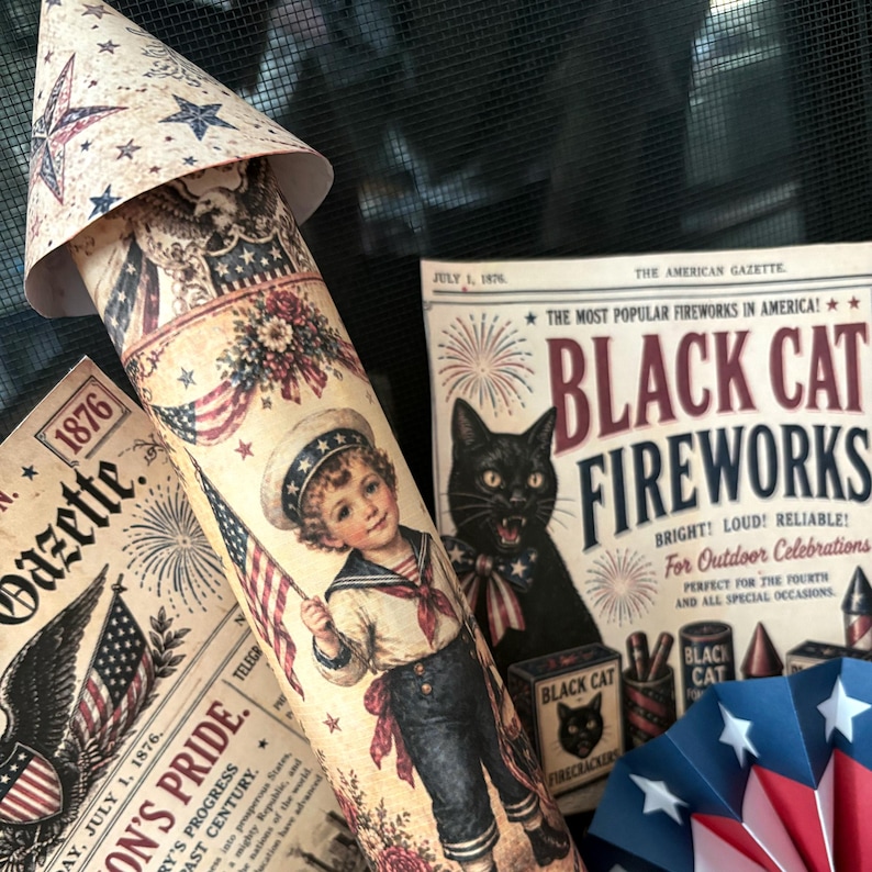DIY printable Americana party decor with vintage fireworks posters patriotic newspapers and rocket crafts