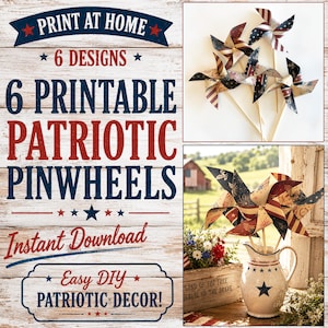 Printable Patriotic Pinwheels, 6 Vintage Americana Designs (Digital Download)
