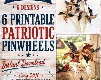 Printable Patriotic Pinwheels, 6 Vintage Americana Designs (Digital Download)
