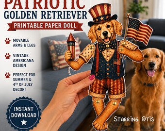 Articulated Patriotic Golden Retriever Paper Doll | Vintage Americana Craft (Digital Download)