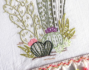 Hand Embroidered Botanical Cactus Table Linen: Vintage Style Cotton with Tassels