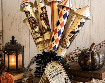 Handmade Halloween Masquerade Paper Rockets – Vintage Style Carnival Decorations (Set of 10)
