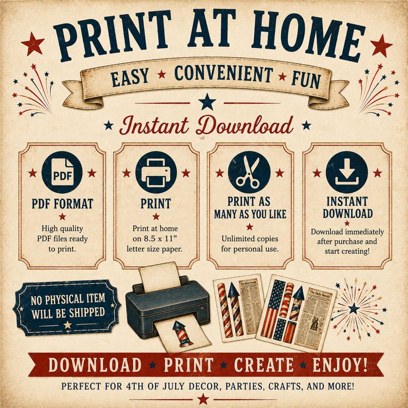 Americana printable party decor featuring DIY paper rockets patriotic rosettes and vintage ephemera