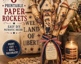 Kit di decorazioni stampabili con razzi di carta patriottici vintage • Centrotavola fai da te in stile americano (download immediato)