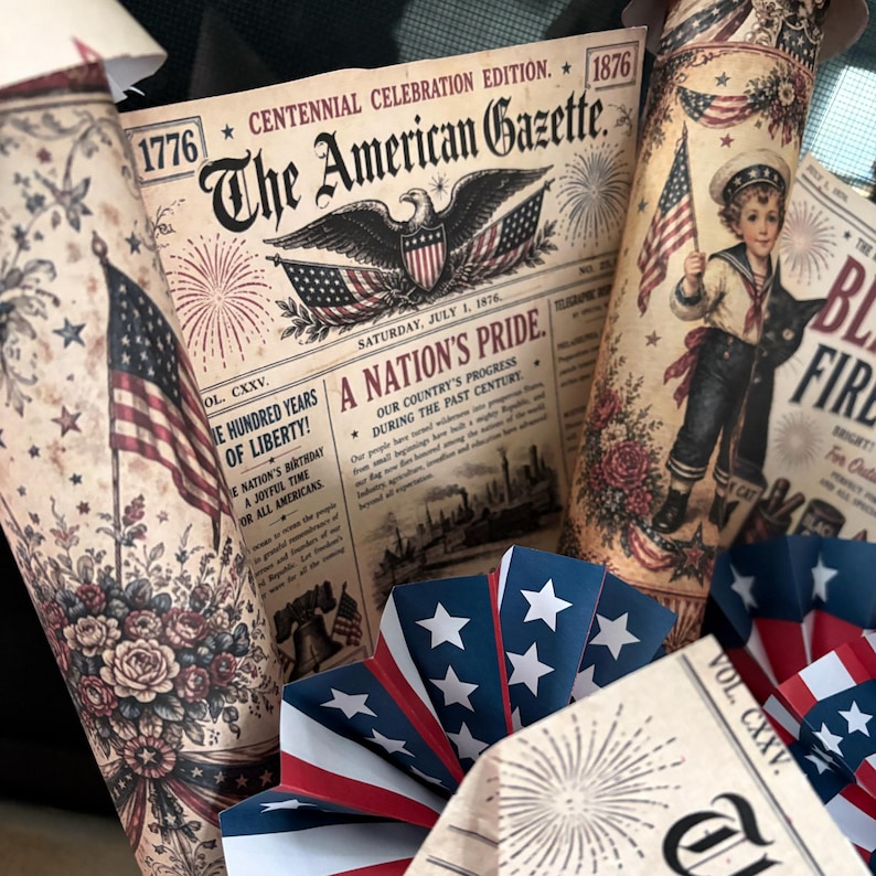 Instant download vintage patriotic decor printable featuring fireworks ephemera and paper rocket centerpiece