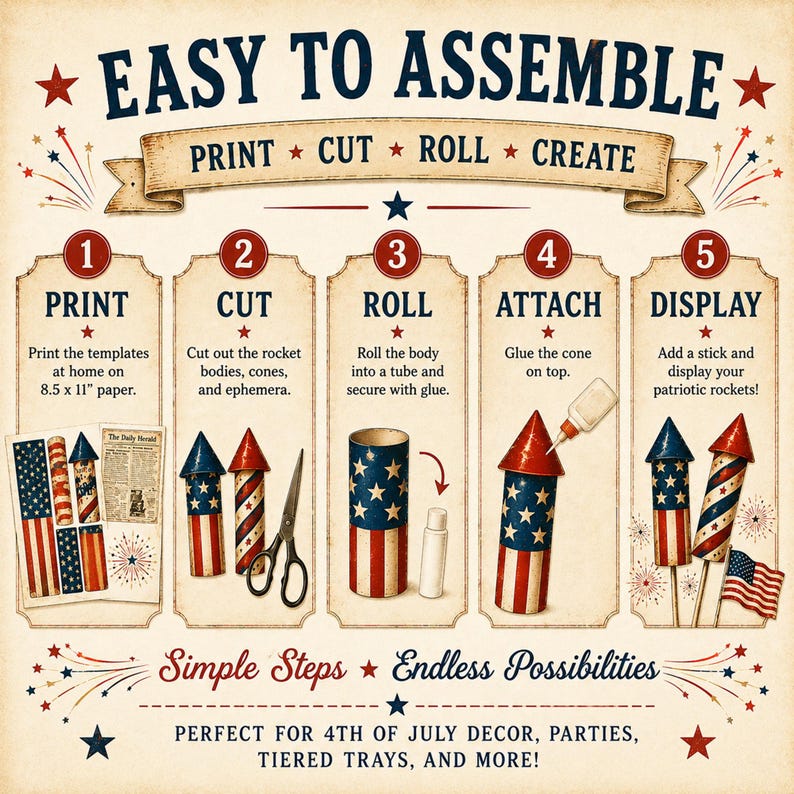 Printable 4th of July paper rocket kit with antique newspaper graphics and Black Cat fireworks artwork