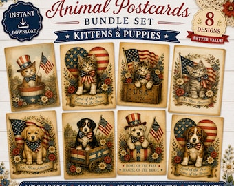 Pacote de Cartões Postais Vintage Patrióticos com Animais: Gatinhos e Cachorrinhos (Download Digital)