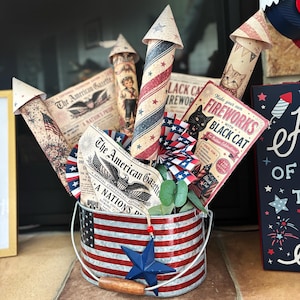 Handmade style vintage patriotic printable collection with paper rockets fireworks and newspaper designs