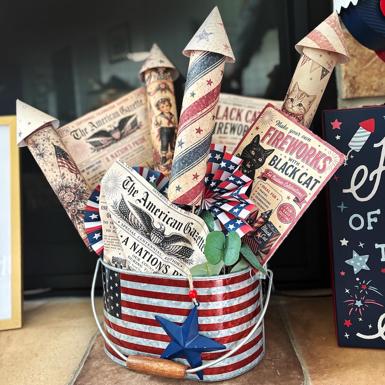 Handmade style vintage patriotic printable collection with paper rockets fireworks and newspaper designs