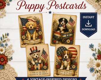 Postais Patrióticos de Filhotes: Arte Canina Americana Vintage (Download Digital)