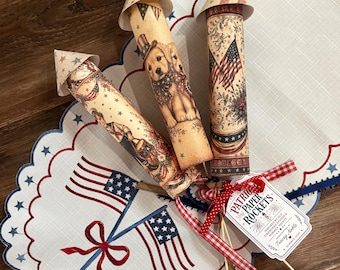 Foguetes de papel patrióticos feitos à mão • Decoração vintage americana, peça central para o 4 de julho