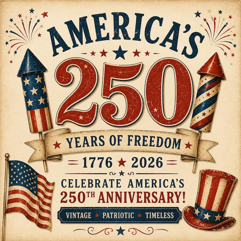 America 250 printable decoration kit with vintage inspired rockets fireworks labels and newspaper prints