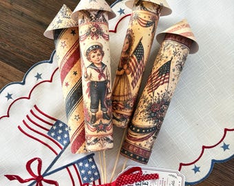 Foguetes de papel patrióticos feitos à mão • Decoração vintage americana, peça central para o 4 de julho