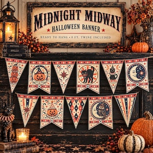 May include: A Halloween banner set featuring a rectangular sign with the text MIDNIGHT MIDWAY HALLOWEEN BANNER and a series of triangular and rectangular pennants decorated with illustrations of pumpkins, a black cat, an owl, and a moon.