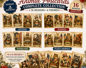 Pacote de Cartões Postais Patrióticos com Animais: Gatinhos, Cachorrinhos e Animais da Floresta em Estilo Vintage Americano (Download Digital)