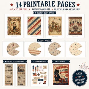 Vintage style patriotic printable rockets with cone tops displayed in rustic Americana arrangement