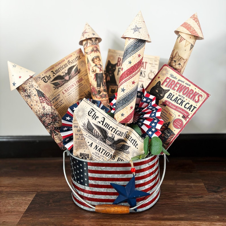 Patriotic paper craft printable for Independence Day with red white and blue vintage rocket decorations