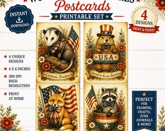 Cartões-postais patrióticos de criaturas da floresta: Guaxinim, raposa e gambá em estilo vintage americano (Download digital)