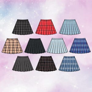 May include: A collection of ten pleated skirts displayed in three rows. The skirts feature various plaid and checkered patterns in colors including black, red, light blue, beige, dark gray, white, and navy blue, all with a consistent flared silhouette.