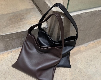 Bolso de hombro de cuero genuino, bolso tote pequeño de cuero, bolso informal para axila, bolso de hombro minimalista,