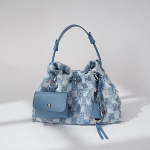 Sac à main en cuir en denim, mini sac fourre-tout, sac élégant avec poignée sur le dessus, sac en denim bleu à franges
