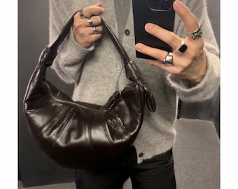 Genuine Leather Bag, Croissant Leather Underarm Bag, Large Shoulder Bag, Commuter Leather Bag