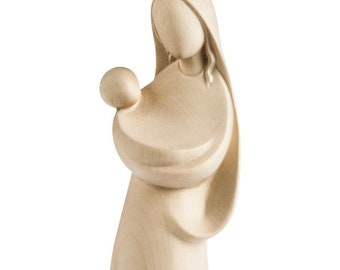 Madonna mit Jesus, moderne Holzskulptur aus Val Gardena. Die Statue ist aus Ahornholz geschnitzt.