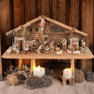 19-piece wooden nativity scene figurine set with hut, Ulrich series