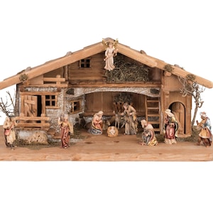 13-piece wooden nativity scene figurine set with hut