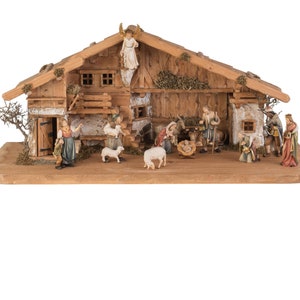 14-piece wooden nativity scene figurine set with hut, Tyrolean peasant style wood