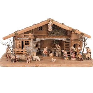 17-piece maple wood nativity figurine set with hut