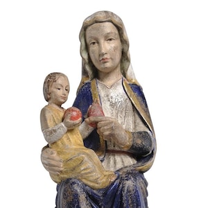 Madonna statue of Mariazell, wooden sculpture from Val Gardena. The statue is carved in maple wood and hand painted