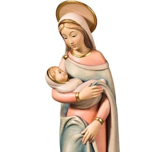 Madonna della Loggia statue, wooden sculpture from Val Gardena. The statue is carved in maple wood and hand painted