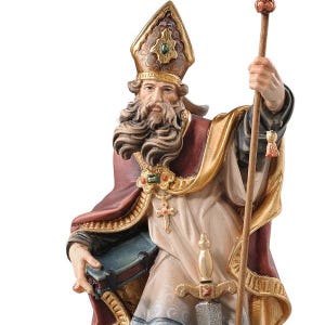 statue of san vinfredo, wooden sculpture from Val Gardena. The statue is carved in maple wood and hand painted