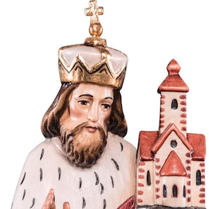 statue of saint leopold, wooden sculpture from Val Gardena. The statue is carved in maple wood and hand painted