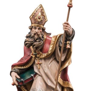 statue of saint corbinian, wooden sculpture from Val Gardena. The statue is carved in maple wood and hand painted